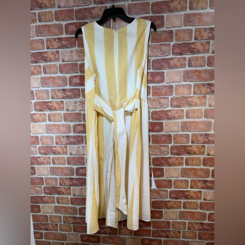 Butter yellow & white euro summer sleeveless vneck mock wrap tie back midi dress - Picture 2 of 7